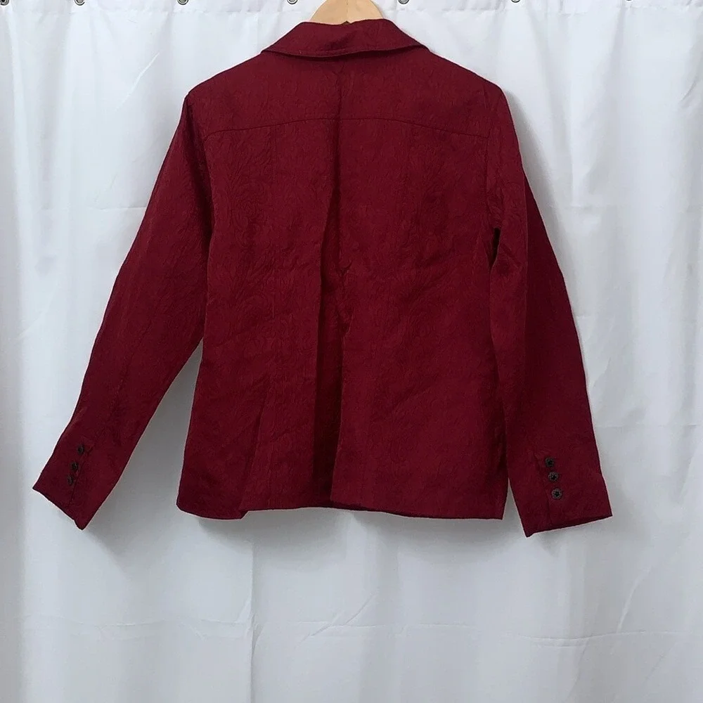Chico's Size 2 Dark Red Floral Jacquard Blazer Jacket Mens Large‎ L 3-Button Red